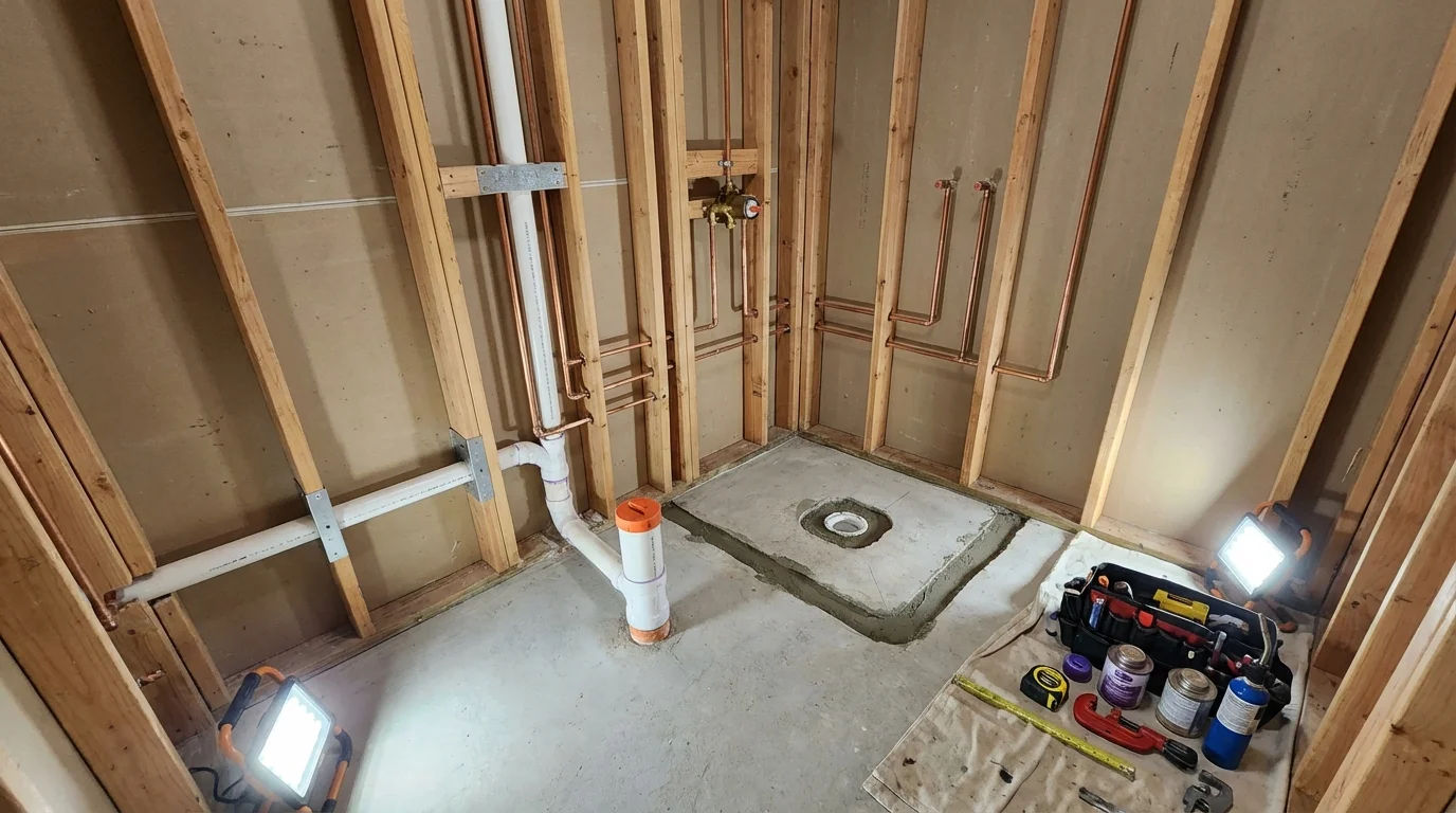 Bathroom rough-in plumbing during remodel by Johns Plumbing LLC in Zumbrota
