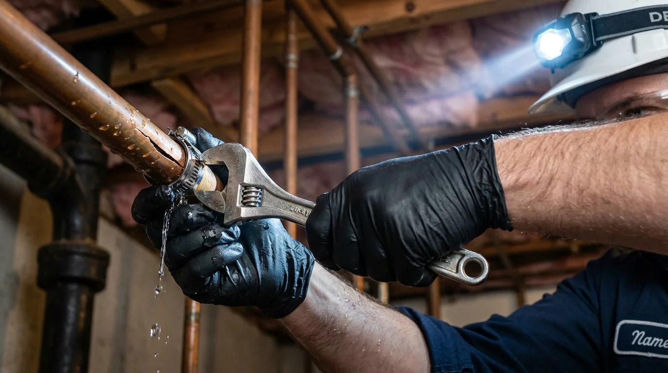 Emergency pipe clamp repair being performed by a Johns Plumbing LLC plumber in Zumbrota