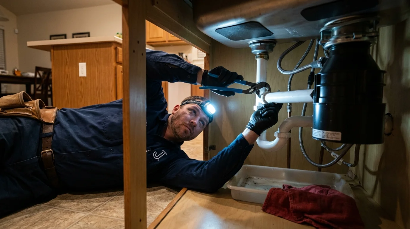 P-trap and supply line connections under a kitchen sink showing a common leak point in Zumbrota, MN
